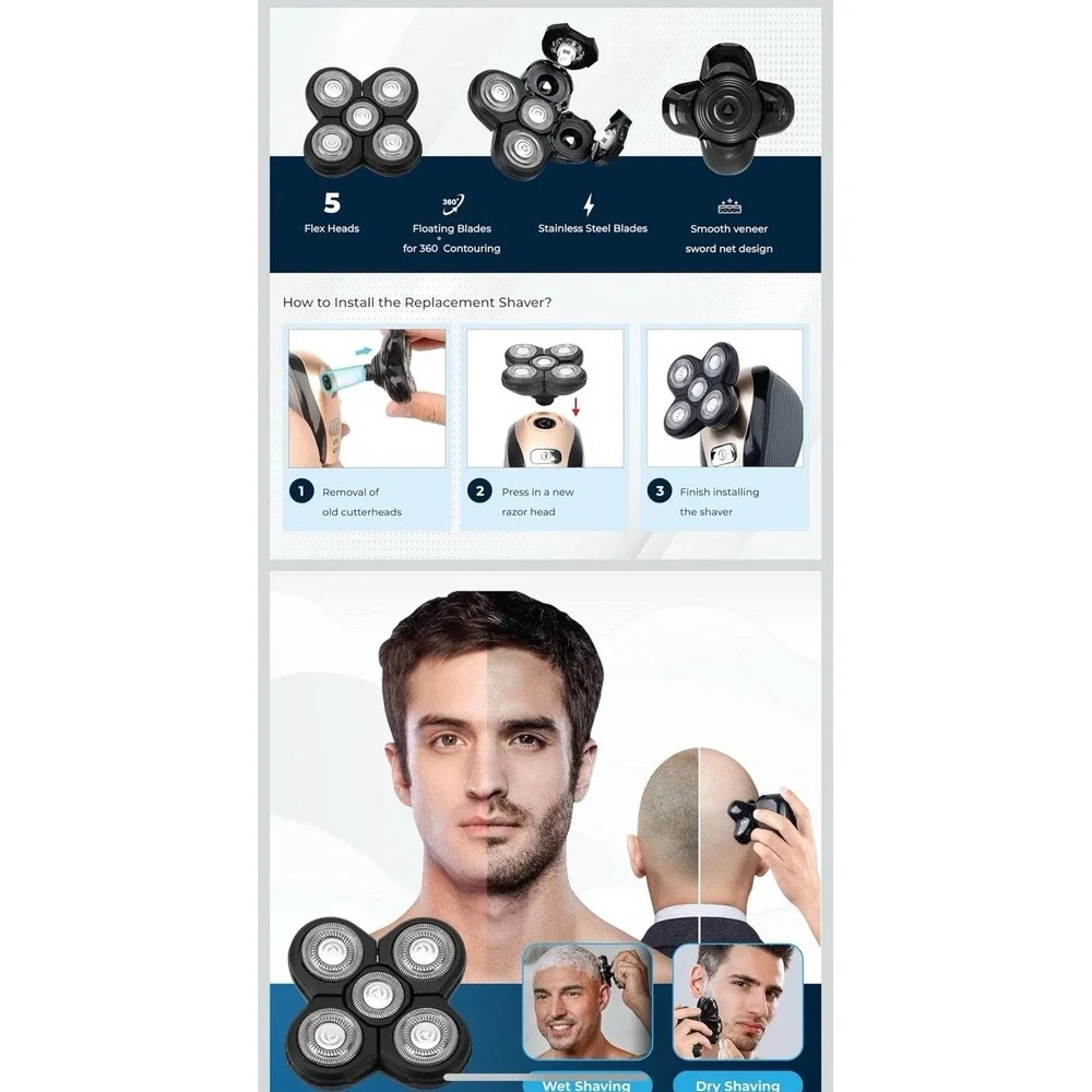 3 Pcs Blades Refills Compatible with Freebird Head Shaver, 5 Blades Shaver Repla